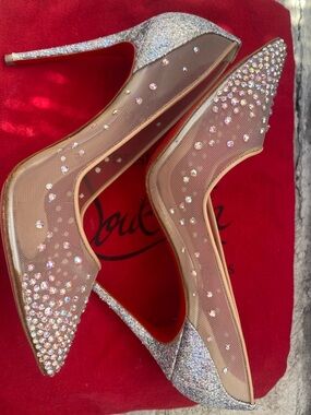 Christian Louboutin Nude and Silver Crystal-Embellished Follies Strass Pumps